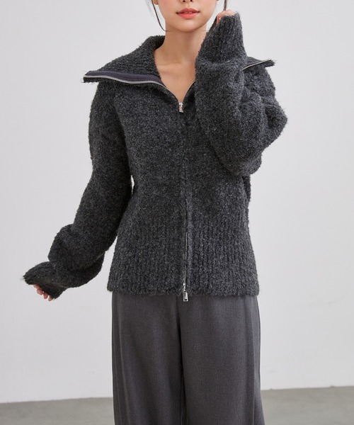 Lace Ladies（レースレディース）の「ウール混 ビッグカラー ダブルジップ ニット トップス（カーディガン/ボレロ・レディース・チャコールグレー/アイボリー・FREE）」の4枚目の写真