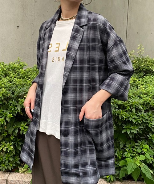 terrace(テラス)の「チェックテーラードシャツジャケット(テーラードジャケット・レディース・ネイビー・MEDIUM)」の3枚目の写真