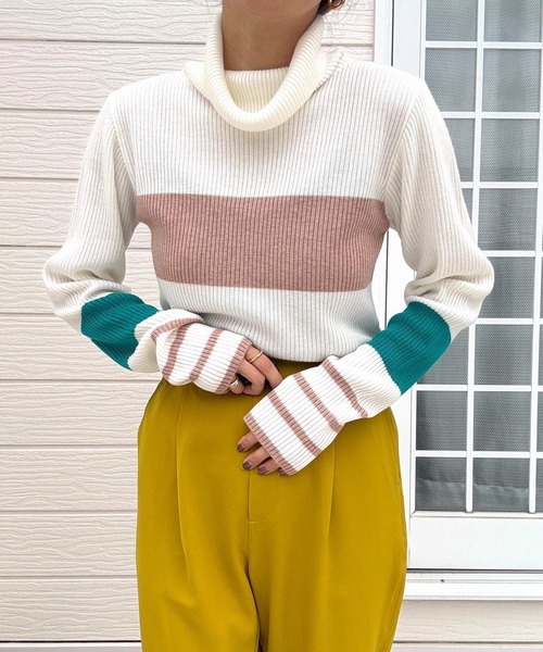 Q（キュー）の「リブタートルカラーニット（ニット/セーター・レディース・ライトグレー/アイボリー/ブラック・MEDIUM）」の2枚目の写真