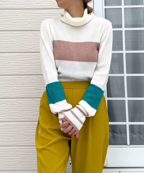 Q（キュー）の「リブタートルカラーニット（ニット/セーター・レディース・ライトグレー/アイボリー/ブラック・MEDIUM）」の18枚目の写真