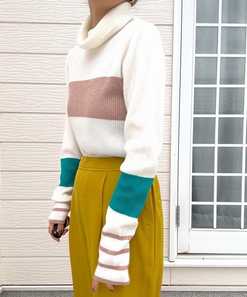 Q（キュー）の「リブタートルカラーニット（ニット/セーター・レディース・ライトグレー/アイボリー/ブラック・MEDIUM）」の15枚目の写真