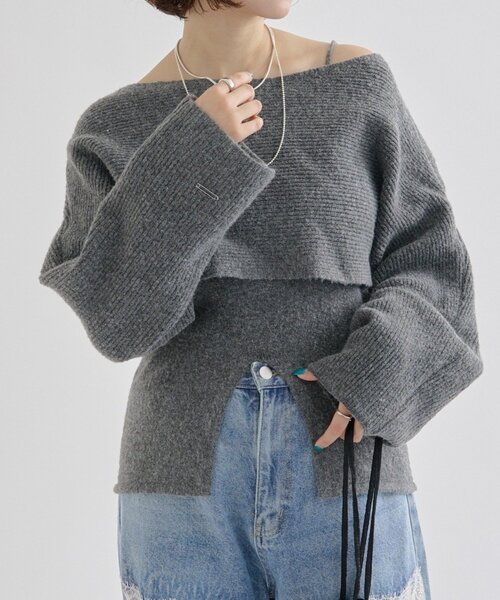 mystic（ミスティック）の「【今すぐお届け可能◎前後2WAY仕様】クロスニットスリットキャミSET（ニット/セーター・レディース・ライトグレー/ベージュ/グレー/アイボリー・FREE）」の3枚目の写真