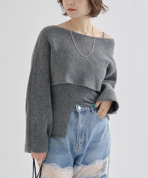 mystic（ミスティック）の「【今すぐお届け可能◎前後2WAY仕様】クロスニットスリットキャミSET（ニット/セーター・レディース・ライトグレー/ベージュ/グレー/アイボリー・FREE）」の6枚目の写真