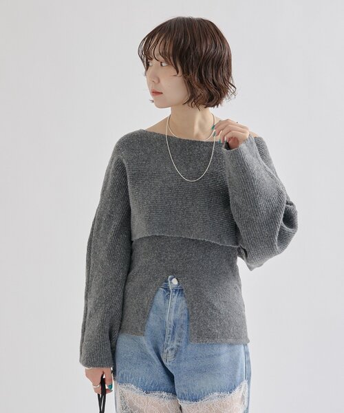 mystic（ミスティック）の「【今すぐお届け可能◎前後2WAY仕様】クロスニットスリットキャミSET（ニット/セーター・レディース・ライトグレー/ベージュ/グレー/アイボリー・FREE）」の8枚目の写真