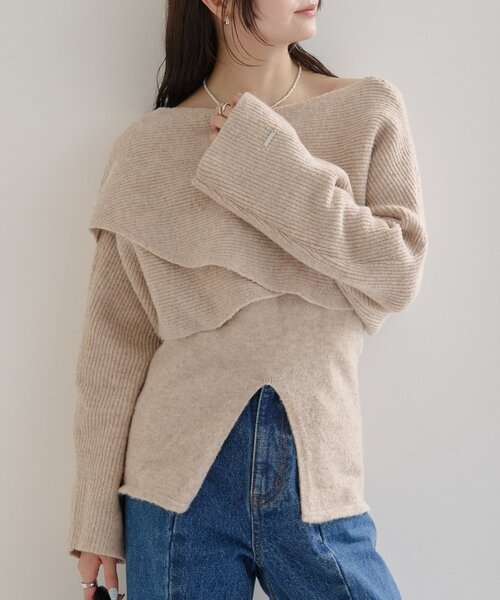 mystic（ミスティック）の「【今すぐお届け可能◎前後2WAY仕様】クロスニットスリットキャミSET（ニット/セーター・レディース・ライトグレー/ベージュ/グレー/アイボリー・FREE）」の5枚目の写真