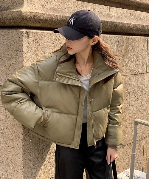 セール】フェイクレザーショートダウンジャケット（ダウンジャケット