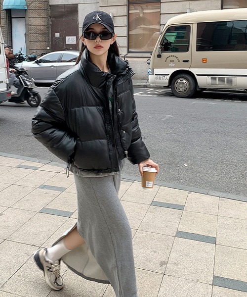 セール】フェイクレザーショートダウンジャケット（ダウンジャケット