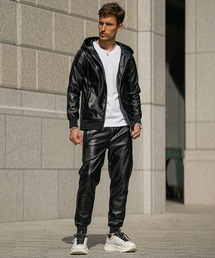SOMEDIFF | 【SOMEDIFF】PUレザーフルジップパーカーセットアップ メンズ 上下セット ブラック カーキ ジョガーパンツ 春服 冬服(セットアップ)