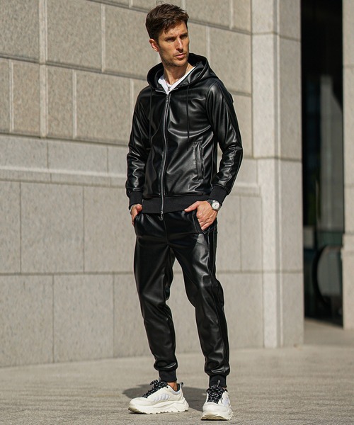 セール】【SOMEDIFF】PUレザーフルジップパーカーセットアップ メンズ