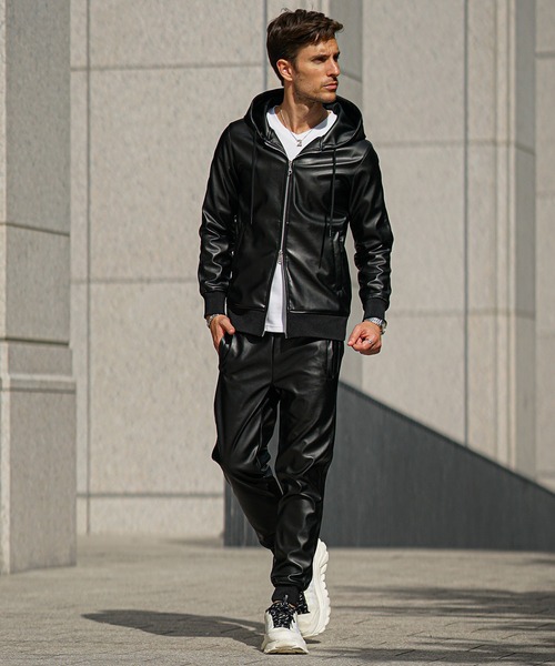 SOMEDIFF(サムディフ)の「【SOMEDIFF】PUレザーフルジップパーカーセットアップ メンズ 上下セット ブラック カーキ ジョガーパンツ 春服 冬服(セットアップ・メンズ・ブラック×カーキ/ブラック×ブラック・M/L/XL)」の8枚目の写真