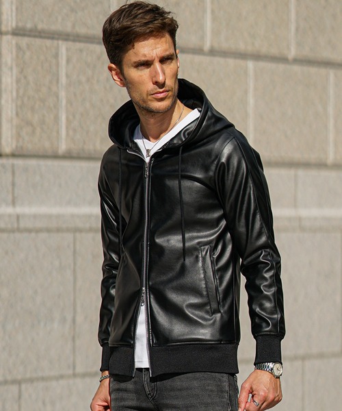 SOMEDIFF】PUレザーフルジップパーカーセットアップ メンズ 上下セット