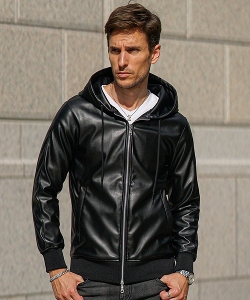 SOMEDIFF(サムディフ)の「【SOMEDIFF】PUレザーフルジップパーカーセットアップ メンズ 上下セット ブラック カーキ ジョガーパンツ 春服 冬服(セットアップ・メンズ・ブラック×カーキ/ブラック×ブラック・M/L/XL)」の5枚目の写真