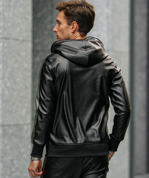 SOMEDIFF(サムディフ)の「【SOMEDIFF】PUレザーフルジップパーカーセットアップ メンズ 上下セット ブラック カーキ ジョガーパンツ 春服 冬服(セットアップ・メンズ・ブラック×カーキ/ブラック×ブラック・M/L/XL)」の17枚目の写真