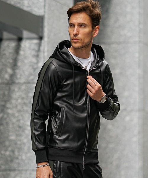 SOMEDIFF(サムディフ)の「【SOMEDIFF】PUレザーフルジップパーカーセットアップ メンズ 上下セット ブラック カーキ ジョガーパンツ 春服 冬服(セットアップ・メンズ・ブラック×カーキ/ブラック×ブラック・M/L/XL)」の20枚目の写真