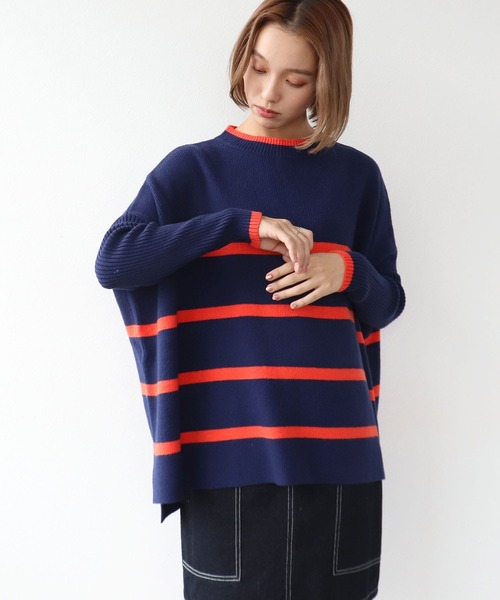 Three Four Time（ｽﾘｰﾌｫｰﾀｲﾑ）の「ドルマンスリーブ配色ボーダーニット（ニット/セーター・レディース・グレー×ピンク/ネイビー系/ブラック×ベージュ・FREE）」の3枚目の写真