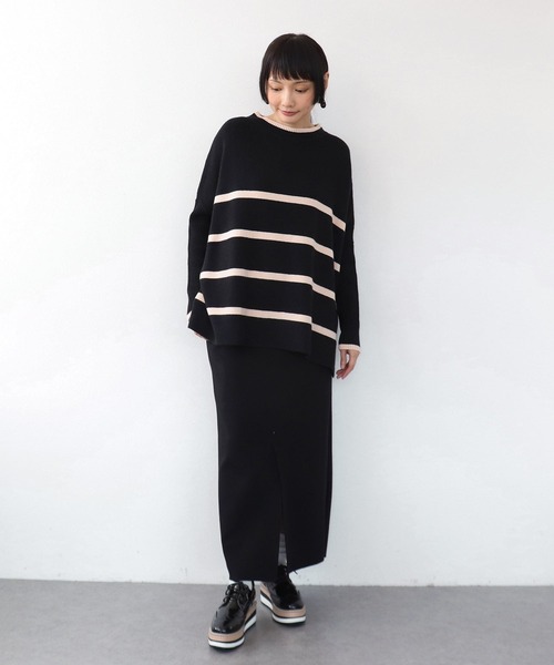 Three Four Time（ｽﾘｰﾌｫｰﾀｲﾑ）の「ドルマンスリーブ配色ボーダーニット（ニット/セーター・レディース・グレー×ピンク/ネイビー系/ブラック×ベージュ・FREE）」の6枚目の写真