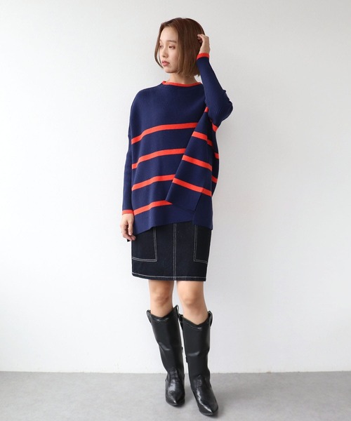 Three Four Time（ｽﾘｰﾌｫｰﾀｲﾑ）の「ドルマンスリーブ配色ボーダーニット（ニット/セーター・レディース・グレー×ピンク/ネイビー系/ブラック×ベージュ・FREE）」の14枚目の写真