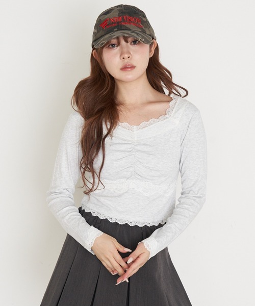 RAY CASSIN(レイカズン)の「パット付きレースロンT(Tシャツ/カットソー・レディース・チャコールグレー/レッド系その他2/ブラック系その他2/ホワイト系その他/グレー系その他2・FREE)」の6枚目の写真