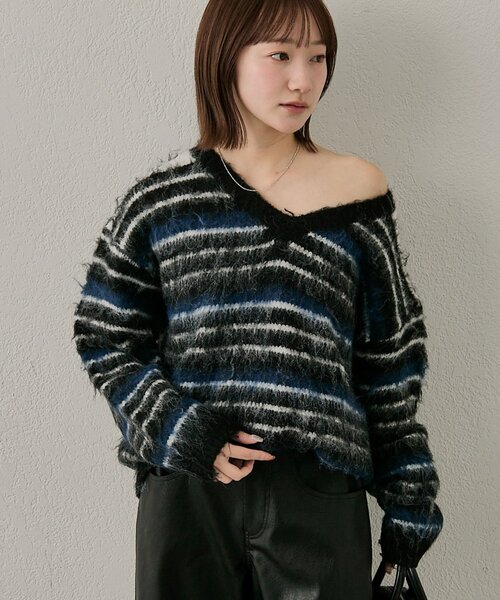 美品ストライプデザイン黒ニットセーター mline（エムライン）の「[mline]ミックスストライプニット（ニット