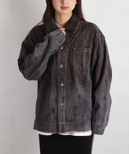 WESTSEA(ウエストシー)の「ルーズサイズ フェード加工グラデーション デニム風 シャツジャケット(シャツ/ブラウス・メンズ・ブラック/ワイン・L/M)」の1枚目の写真