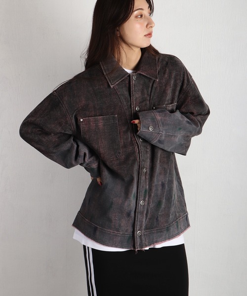 WESTSEA(ウエストシー)の「ルーズサイズ フェード加工グラデーション デニム風 シャツジャケット(シャツ/ブラウス・メンズ・ブラック/ワイン・L/M)」の3枚目の写真