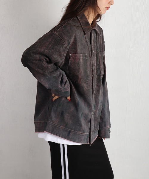 WESTSEA(ウエストシー)の「ルーズサイズ フェード加工グラデーション デニム風 シャツジャケット(シャツ/ブラウス・メンズ・ブラック/ワイン・L/M)」の4枚目の写真
