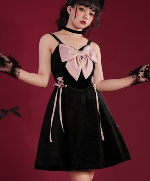 gossip!ロサンゼルス(ゴシップロサンゼルス)の「【Y2Kガーリー】バイカラー ビッグリボン ベロア キャミワンピース(ワンピース・レディース・ピンク/ブラック・M)」の3枚目の写真