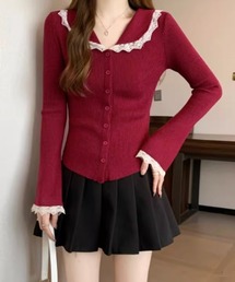 レーストリム Vネックリブニットトップス