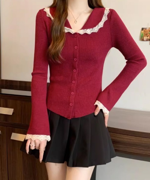 Miniministore(ミニミニストア)の「レーストリム Vネックリブニットトップス(ニット/セーター・レディース・クリーム/ブラック/ホワイト/レッド・FREE)」の9枚目の写真