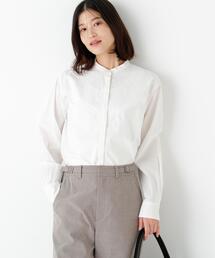 ◆【ウォッシャブル】レースドッキングバンドカラーブラウス