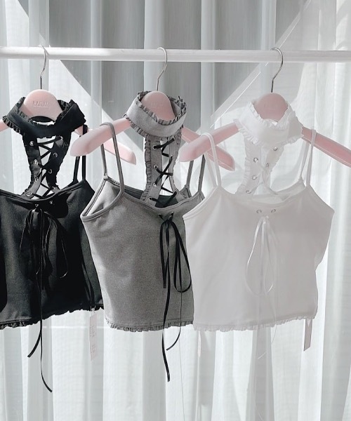 lilLilly（リルリリー）の「レースアップカップキャミソール（キャミソール・レディース・ホワイト/ブラック・FREE）」の3枚目の写真