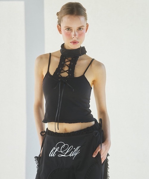 lilLilly（リルリリー）の「レースアップカップキャミソール（キャミソール・レディース・ホワイト/ブラック・FREE）」の4枚目の写真