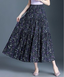 花柄ウエストゴムしわ加工ティアードスカート
