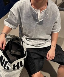 【UNISEX】フェイクレイヤード ヘンリーネック オーバーサイズ ハーフスリーブTシャツ