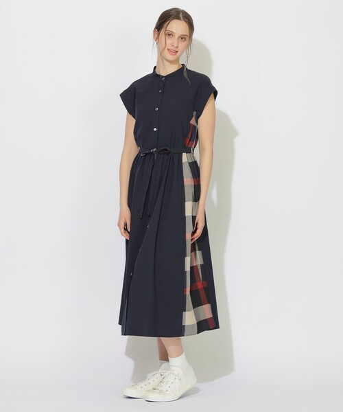 CB CRESTBRIDGE（シービークレストブリッジ）の「パーシャルチェックフレンチスリーブワンピース（ワンピース・レディース・ダークネイビー/ホワイト系その他・M/S）」の2枚目の写真