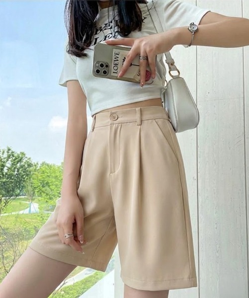 mielu（ミエル）の「ベーシックタックハーフパンツ（その他パンツ・レディース・グリーン/ブラック/ベージュ/ホワイト・LARGE/MEDIUM）」の5枚目の写真