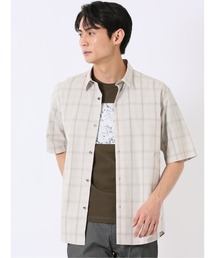 シャツ メンズ 半袖 ストレッチ 綿 コットン ブロード チェック レギュラーカラー ややゆったり ルーズフィット 