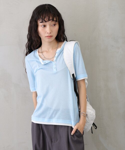 COLONY 2139（コロニートゥーワンスリーナイン）の「配色フェイクレイヤードヘンリー半袖プルオーバー（Tシャツ/カットソー・レディース・グレー/イエロー/ブラウン/サックスブルー・FREE）」の9枚目の写真