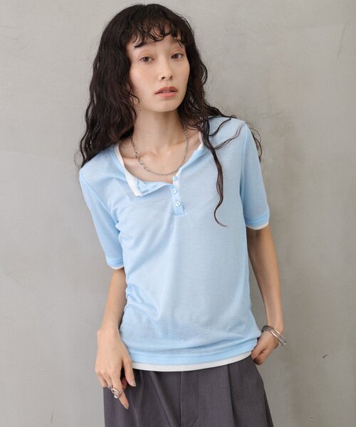 COLONY 2139（コロニートゥーワンスリーナイン）の「配色フェイクレイヤードヘンリー半袖プルオーバー（Tシャツ/カットソー・レディース・グレー/イエロー/ブラウン/サックスブルー・FREE）」の11枚目の写真