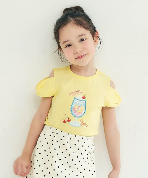 apres les cours(アプレレクール)の「リボンオフショルサマーモチーフ半袖Tシャツ(Tシャツ/カットソー・キッズ・エメラルド/アイボリー/イエロー・80/90/100/110/120/130/140)」の1枚目の写真