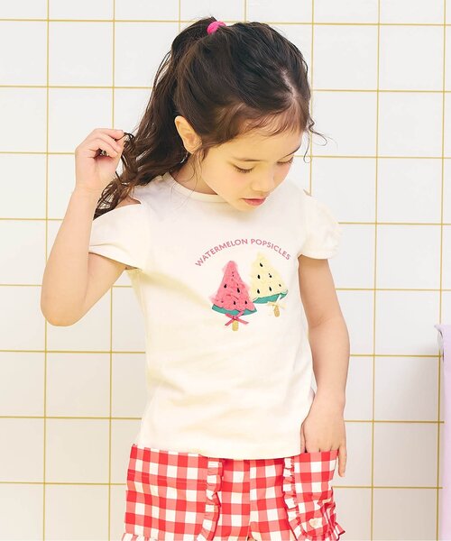 apres les cours(アプレレクール)の「リボンオフショルサマーモチーフ半袖Tシャツ(Tシャツ/カットソー・キッズ・エメラルド/アイボリー/イエロー・80/90/100/110/120/130/140)」の2枚目の写真
