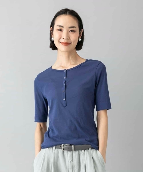 MICHEL KLEIN（ミッシェル・クラン）の「[アンサンブル対応]リングドットヘンリーネックTシャツ（Tシャツ/カットソー・レディース・ブルー・38）」の2枚目の写真