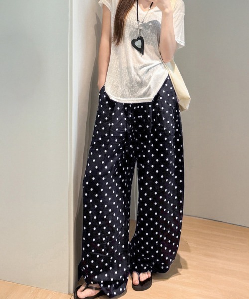 Miniministore（ミニミニストア）の「ドット柄ワイドパンツ韓国風春夏ラフパンツ（デニムパンツ・レディース・ネイビー/ライトブルー/アイボリー・FREE）」の8枚目の写真