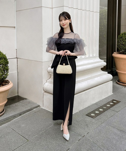 LEJA 結婚式　パーティドレス LEJA】シアーチュールアシンメトリーペプラムスリットセットアップ