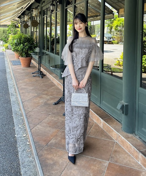 LEJA】シアーチュールアシンメトリーペプラムスリットセットアップ