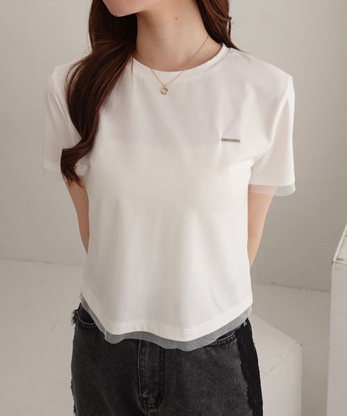 SOELA(ソエラ)の「【INGNI SOELA】プレート付チュールドッキングコンパクトTシャツ/WEB限定(Tシャツ/カットソー・レディース・ブラック/チャコールグレー/オフホワイト・FREE)」の5枚目の写真