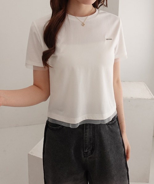 SOELA(ソエラ)の「【INGNI SOELA】プレート付チュールドッキングコンパクトTシャツ/WEB限定(Tシャツ/カットソー・レディース・ブラック/チャコールグレー/オフホワイト・FREE)」の7枚目の写真