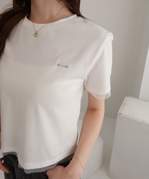 SOELA(ソエラ)の「【INGNI SOELA】プレート付チュールドッキングコンパクトTシャツ/WEB限定(Tシャツ/カットソー・レディース・ブラック/チャコールグレー/オフホワイト・FREE)」の8枚目の写真