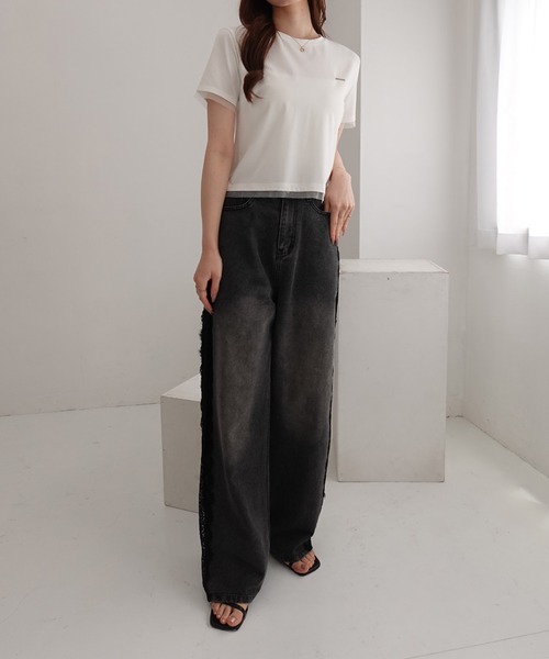 SOELA(ソエラ)の「【INGNI SOELA】プレート付チュールドッキングコンパクトTシャツ/WEB限定(Tシャツ/カットソー・レディース・ブラック/チャコールグレー/オフホワイト・FREE)」の9枚目の写真