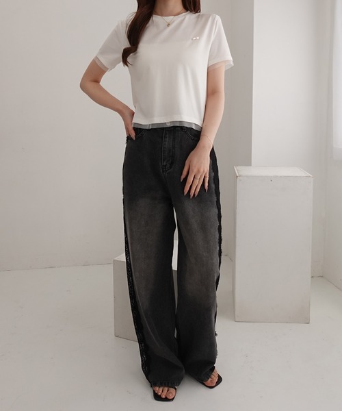 SOELA(ソエラ)の「【INGNI SOELA】プレート付チュールドッキングコンパクトTシャツ/WEB限定(Tシャツ/カットソー・レディース・ブラック/チャコールグレー/オフホワイト・FREE)」の10枚目の写真
